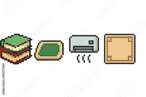 Retro pixel art icons of mailing and food objects on gradient background colored vector illustration