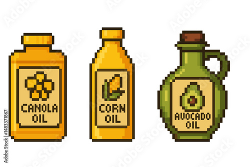 Pixel art bottles of canola, corn, and avocado oil with bold labels colored vector illustration