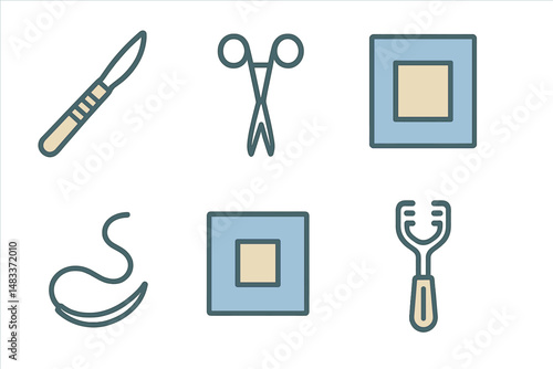Medical tools icons set: scalpel, scissors, bandage, forceps on green background colored vector illustration