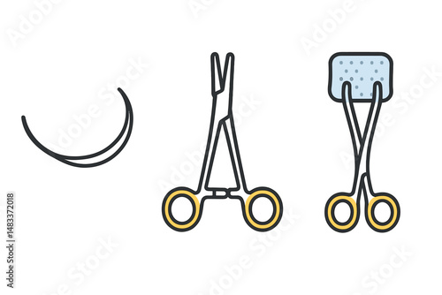 Surgical instruments set with scissors, needle, and gauze colored vector illustration