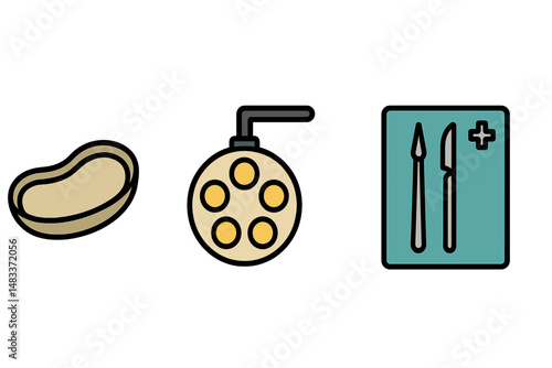 Medical symbols: sterile tray, surgical light, kidney dish illustration colored vector illustration