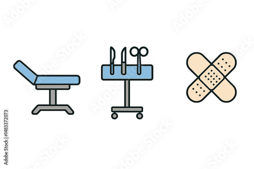 Medical equipment symbols: examination table, surgical tools, bandage icon colored vector illustration
