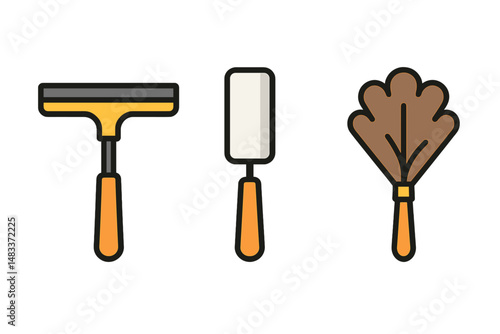 Vector icons of squeegee lint roller feather duster on dark background colored vector illustration