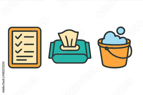 Checklist, wet wipes, and soap bucket icons on gradient background colored vector illustration