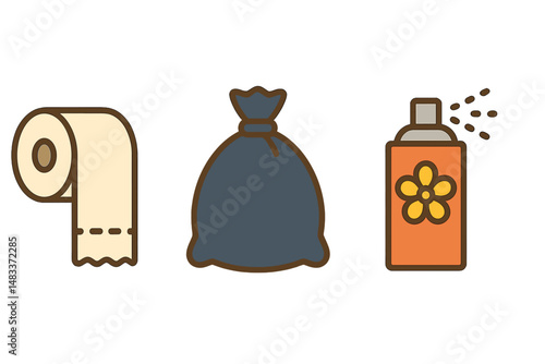 Bathroom essentials: toilet paper, trash bag, air freshener – hygiene and sanitation symbols colored vector illustration