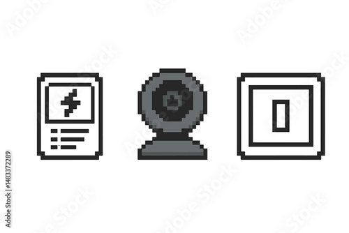 Retro pixel icons: flash card, webcam, power button on gray background colored vector illustration