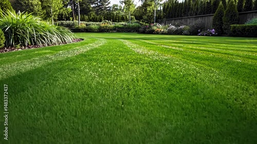 freshly mowed green lawn in landscaped formal garden during a sunny day landscape design