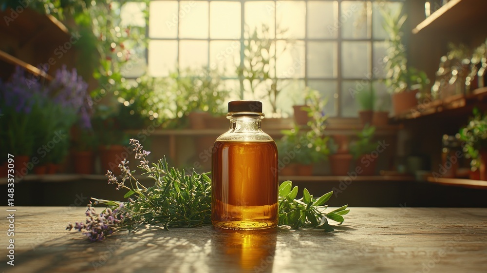 Golden oil bottle surrounded by herbs in a greenhouse setting Golden oil bottle surrounded by herbs in a greenhouse setting
