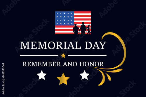 Memorial Day tribute vector with American flag, military silhouettes and remembrance elements