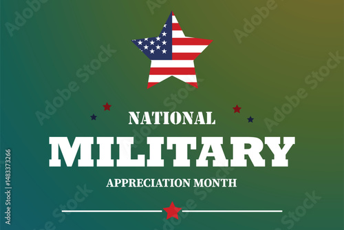  Military appreciation month vector with patriotic star, gradient background and flag elements