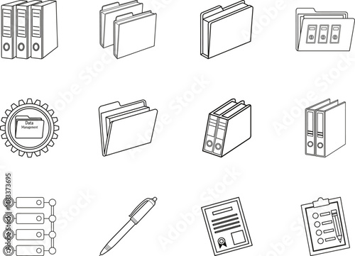 Line art showcases folders, data management gear, pen, and clipboard for office organization