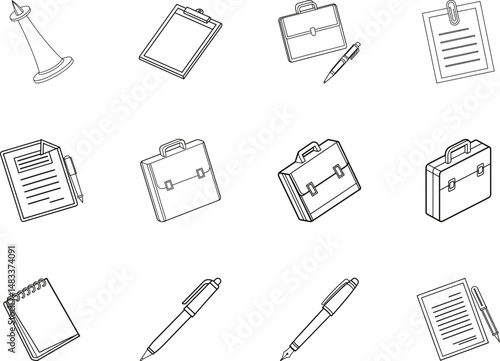 Outlined showcases twelve monochrome office elements floating on transparent canvas backdrop