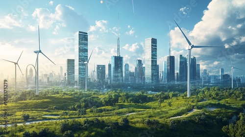 Sustainable city skyline with wind turbines and lush greenery