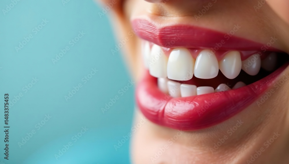 Obraz premium Close-up of toothbrush bristles on bright white teeth, healthy gums visible , oral, object