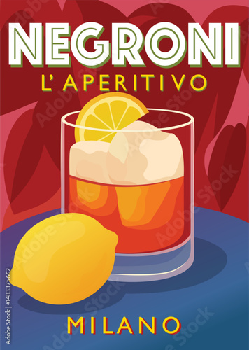Negroni aperitivo Milano – Vintage Cocktail Poster Vector Illustration | Classic Negroni Glass with Lemon, Retro Italian Bar Art Print