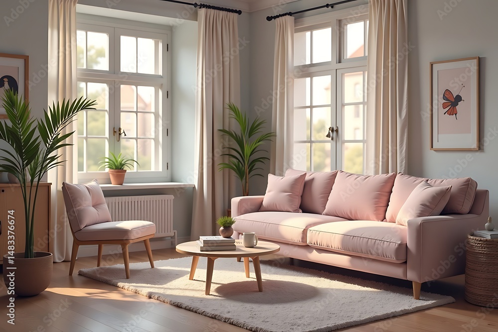 Fototapeta premium Light-filled Living Room: Pale Pink Sofa in a Calming, Neutral-toned Interior Design 