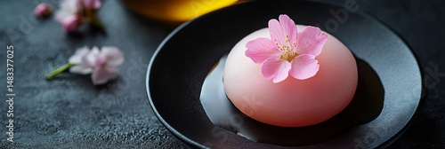 Wallpaper Mural Cherry blossom dessert is elegantly served on a black plate featuring a textured design and pink floral decoration Torontodigital.ca