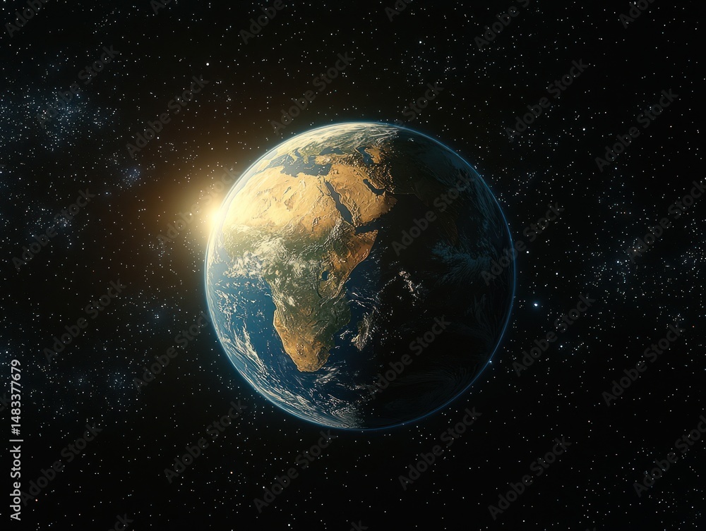Obraz premium Sunrise illuminates half of Earth, showcasing continents and oceans against the backdrop of a star-studded cosmos
