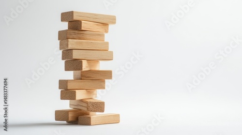 Tense moment jenga tower leaning in a minimalist studio setting risky game play close-up view stability challenge