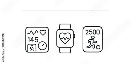 Fitness tracker icons: heart rate, steps, running activity symbols vector icon isolated