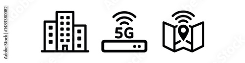 Smart city icons: building, 5g router, gps map vector icon isolated