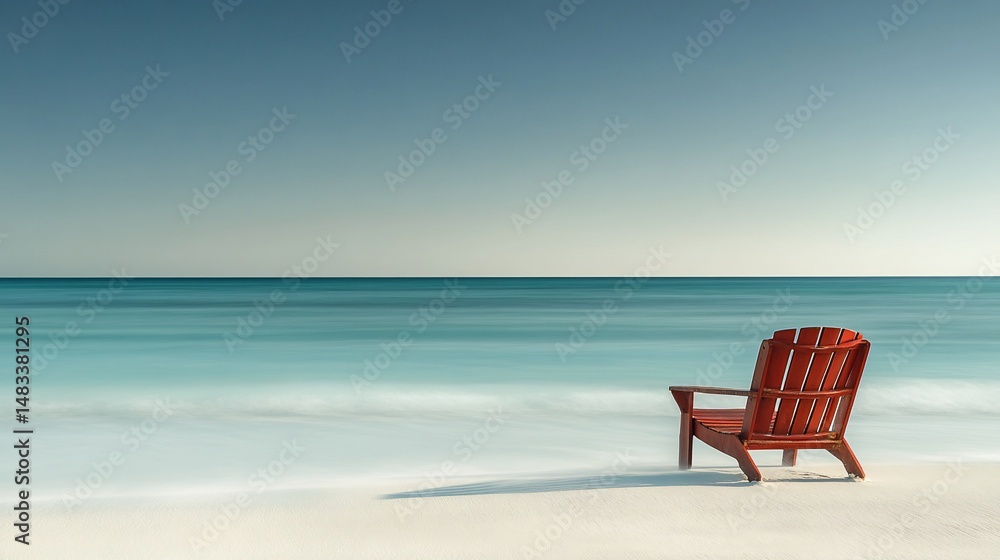 Tranquil beach scene with wooden chair Tranquil beach scene with wooden chair