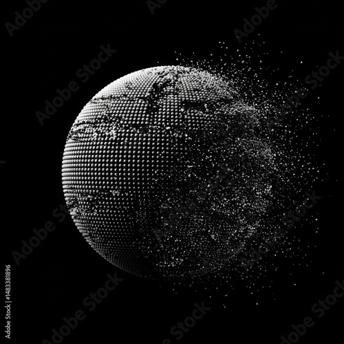 Disintegrating Digital Globe: White Particles on Black