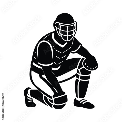 Baseball Catcher Silhouette Protective Gear, Kneeling Pose, Game Action