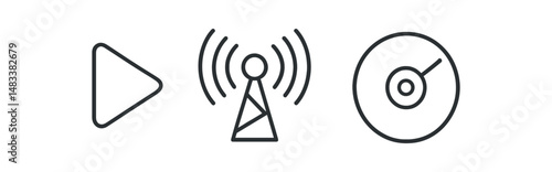 Minimalist symbols of play, broadcast, and cd music icons vector icon isolated
