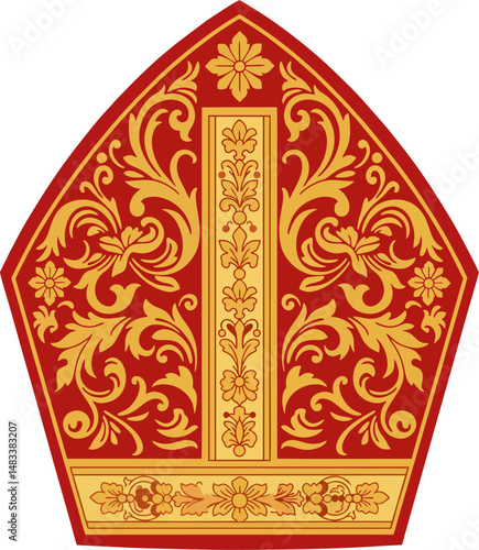 Traditional Bishop Mitre Vector with Red and Gold Floral Embroidery – Religious Vestment Front View Illustration