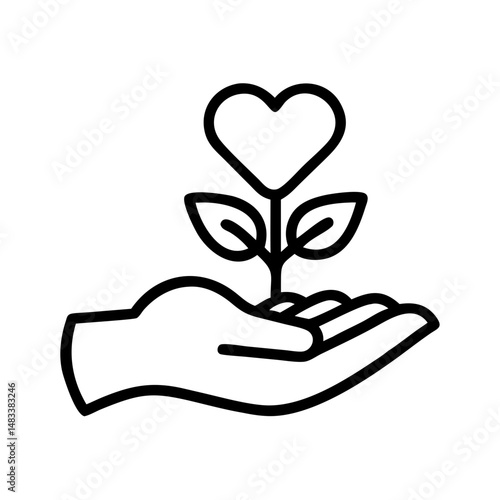 Hand with Heart Plant Icon Representing Growing Care – Nurturing and Growth Symbol