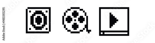 Retro video and audio icons: speaker, film reel, play button in pixel art vector icon isolated