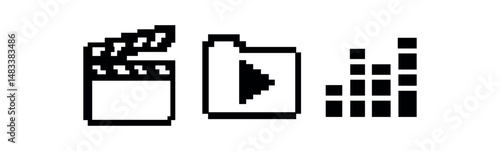 Retro pixel art icons of film clapperboard, play button, and equalizer vector icon isolated