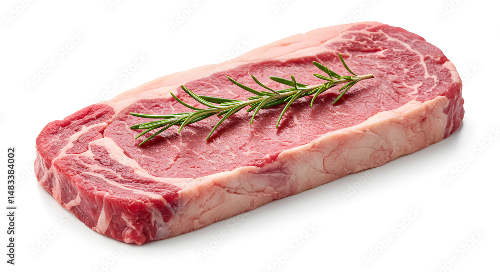 Fototapeta premium Fresh Raw Beef Steak with Rosemary Sprig on White Backdrop Studio Shot