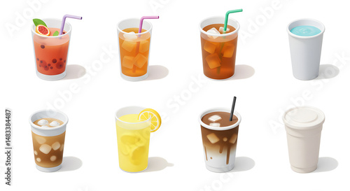 Variety of Refreshing Drinks in Cups on White Background Illustration