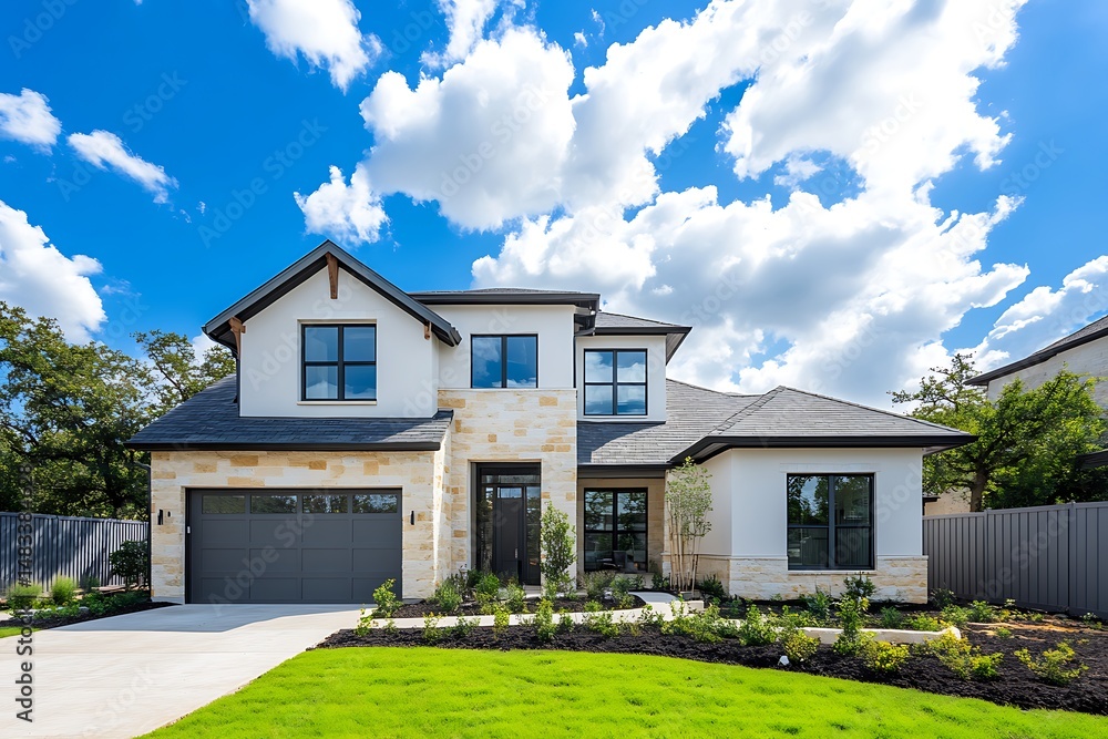 Modern Stone Facade Home Exterior with Lush Lawn and Blue Sky on Sunny Day Modern Stone Facade Home Exterior with Lush Lawn and Blue Sky on Sunny Day