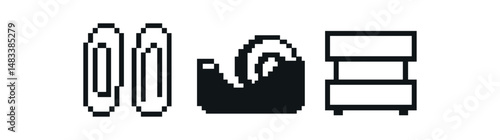 Pixel art office supplies: paper clips, tape dispenser, filing cabinet vector icon isolated