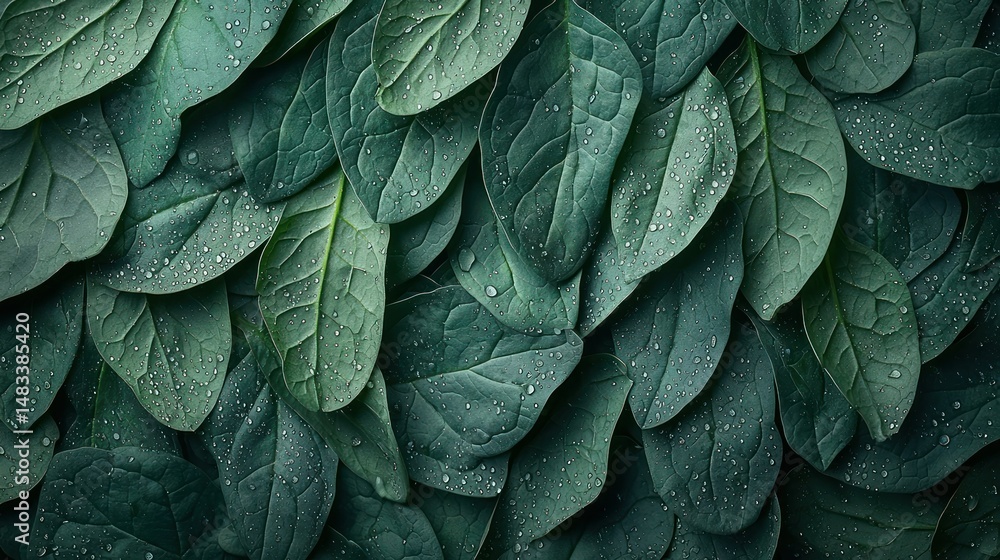 Obraz premium Close-up of lush, dark green leaves, covered in water droplets
