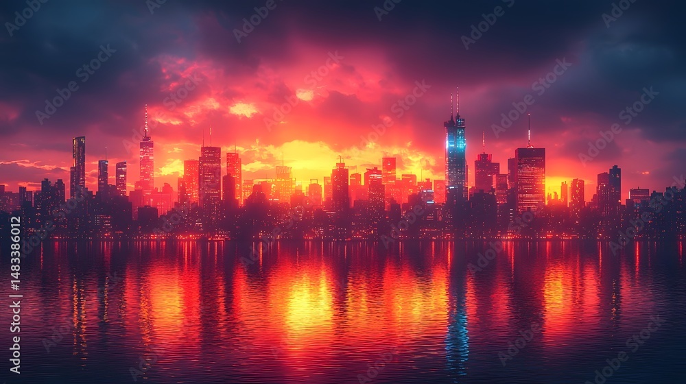 Naklejka premium Vibrant Futuristic Cityscape with Illuminated Skyscrapers