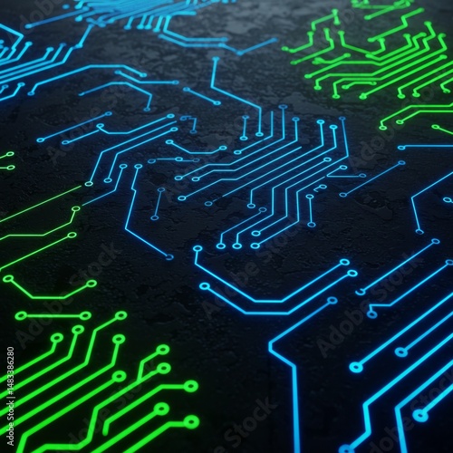 Glowing Green and Blue Circuit Board on Dark Background