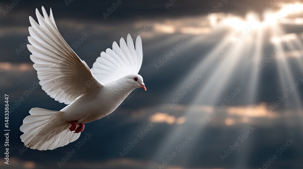 Fototapeta premium A white dove flies high in a blue sky, surrounded by fluffy clouds with sunlight breaking through, creating a serene atmosphere