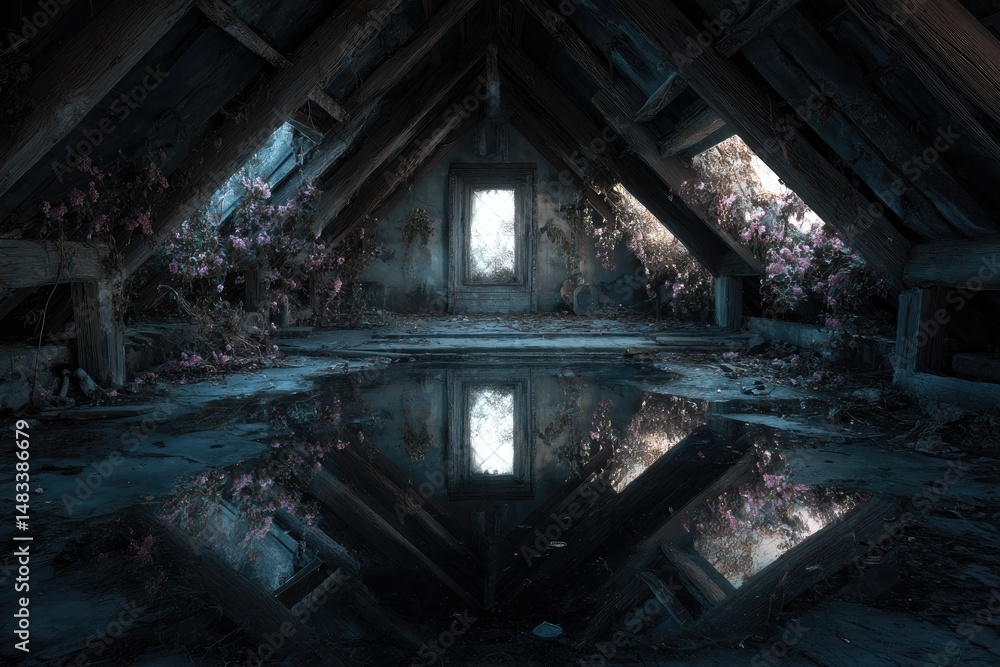 Surreal composite of a mirror reflecting ghostly apparitions in a decrepit attic Surreal composite of a mirror reflecting ghostly apparitions in a decrepit attic