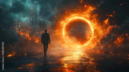 Businessman stepping through a glowing portal towards a futuristic city skyline