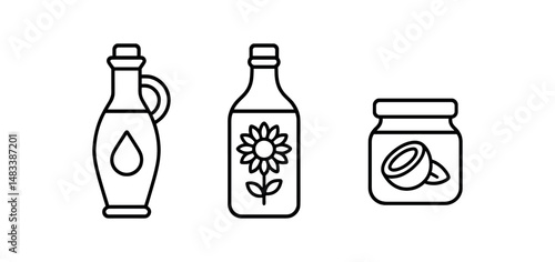 Black and white icons of olive oil, sunflower oil, and coconut oil containers vector icon isolated