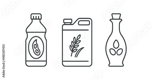 Outline icons of soybean, grain, and olive oil bottles on white background vector icon isolated