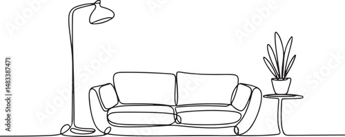 Living room in continuous line art drawing style with sofa, floor lamp, and potted flower. Minimal modern home interior sketch

