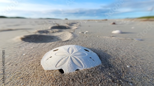 A sand dollar lies on the sandy beach. The footprints lead the eye toward the horizon under a cloudy sky