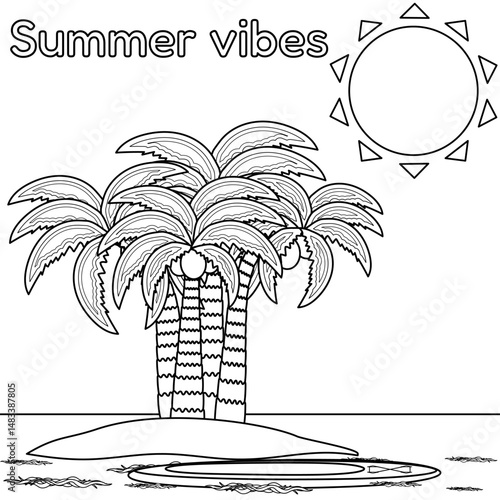 Coloring page with outline a scene of a tropical island, palm trees, coconuts, surfboard, sun, ocean waves. Summer vibes. For entertaining, vacation banner, beach, summertime, tropics, sports design.
