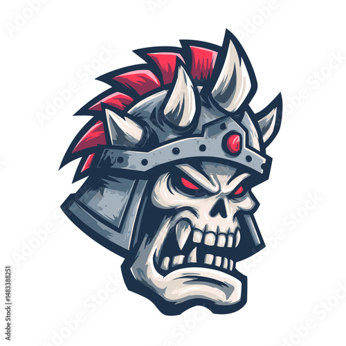 Detailed vector esports logo featuring a fierce skull wearing a spiked helmet with red accents and menacing expression