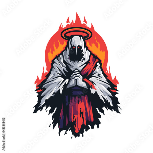 Unique esports logo featuring a cloaked figure with flames and a halo, symbolizing power and mystique in competitive gaming